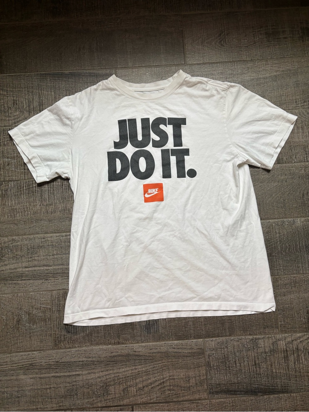 Nike White Tee with Black "JUST DO IT." Text and Orange Logo